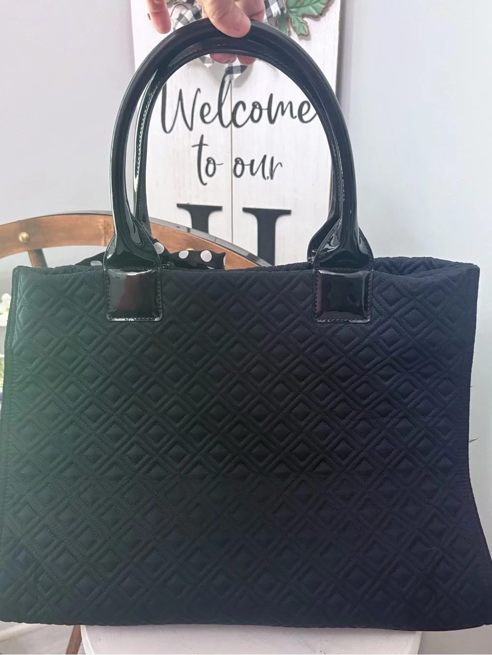 TORY BURCH Black Quilted Satchel Tote with side buttons